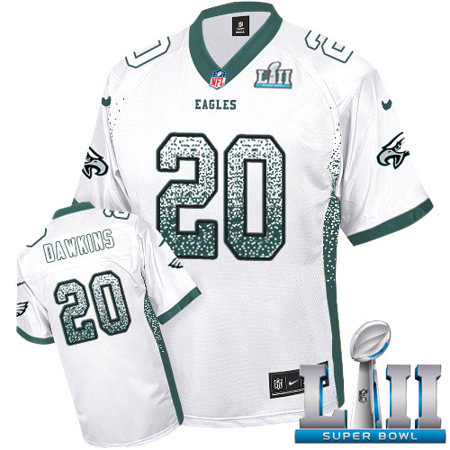 Nike Eagles #20 Brian Dawkins White Super Bowl LII Men's Stitched NFL Elite Drift Fashion Jersey - Click Image to Close